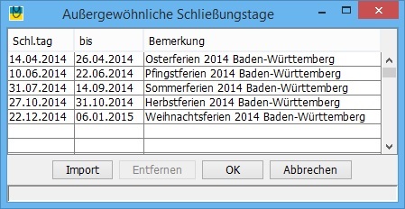 Au�ergew�hnliche Schlie�ungszeiten
